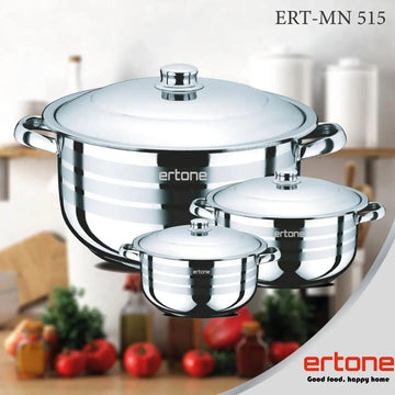 Set 3 oale din inox cu 3 capace din sticla Ertone MN 515, 20CM/3.2L, 22CM/4,5L, 24CM/6,3L, Inox