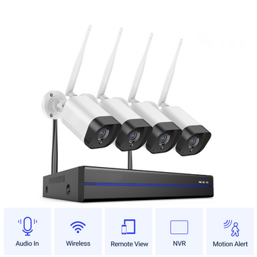 Kit camere supraveghere exterior profesionale, 2MP Full HD, Conexiune Wireless, 4 camere, IR 30m, Microfon, NVR