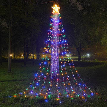 Instalatie solara perdea cu varf stea, 350 led, 9 franjuri, telecomanda