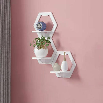 Set 3 rafturi decorative in forma de hexagon, alb